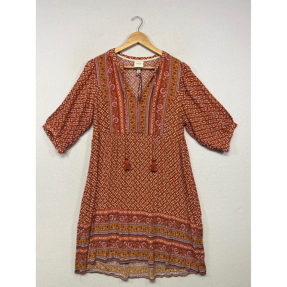 Boho Cottagecore Knox Rose Womens Size M Rust Orange Floral Tassel Mini Dress